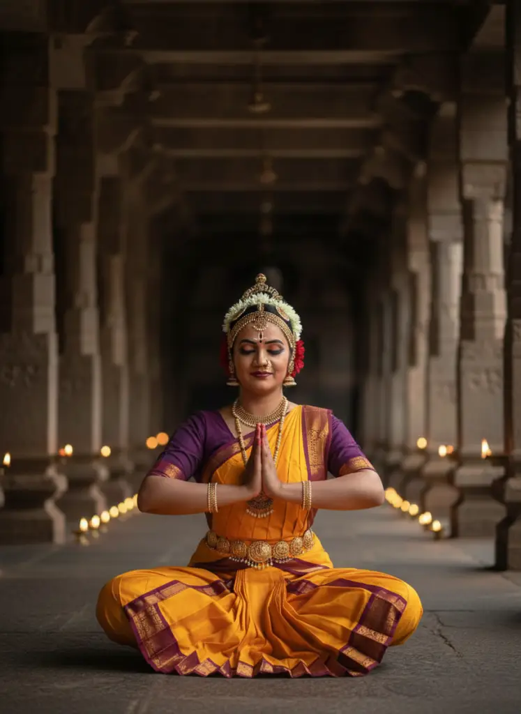 Classical dancer in pre-performance meditation at temple — devotion before dance